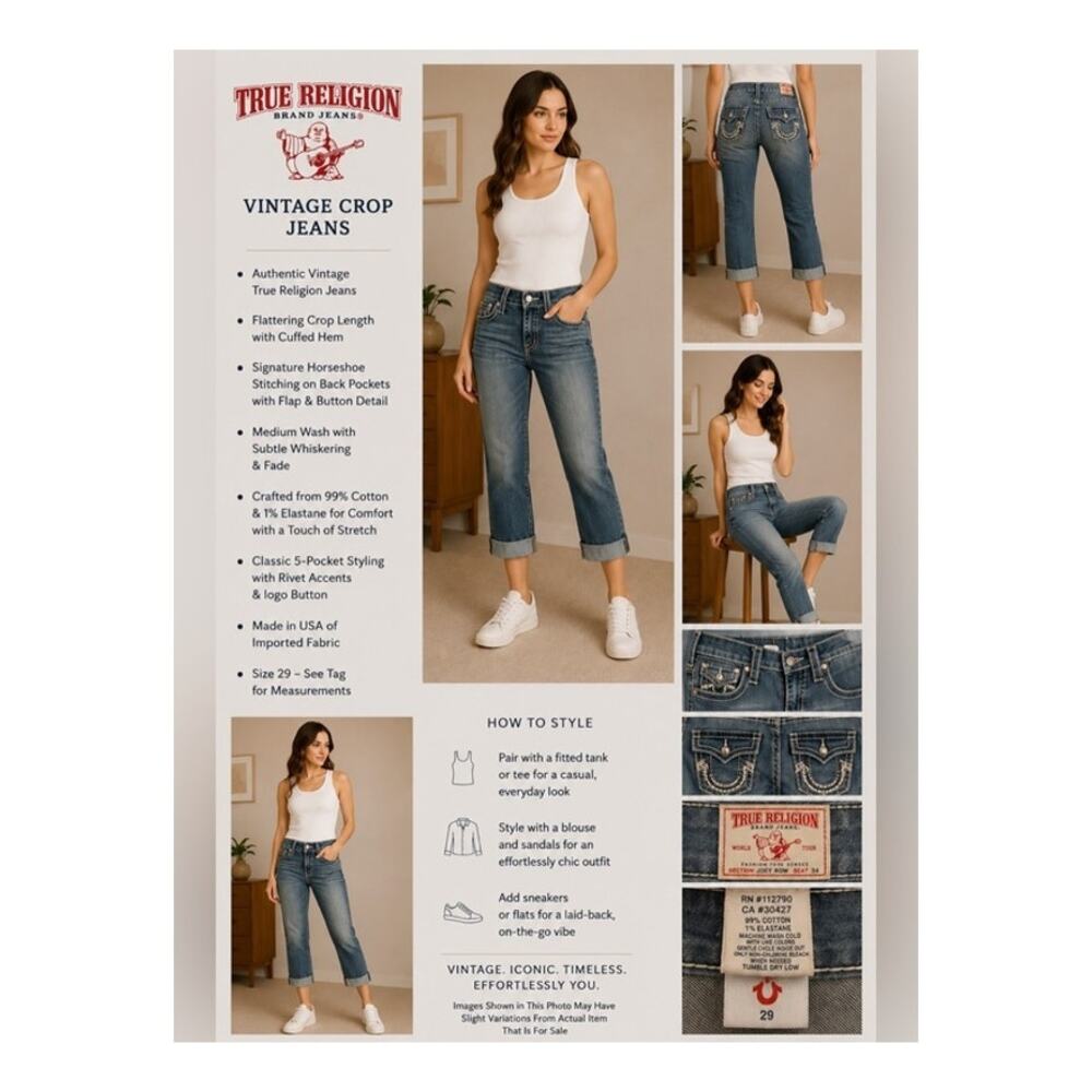 True Religion Joey Jeans Womens 29 Crop Made in USA Vintage Y2K Medium Wash